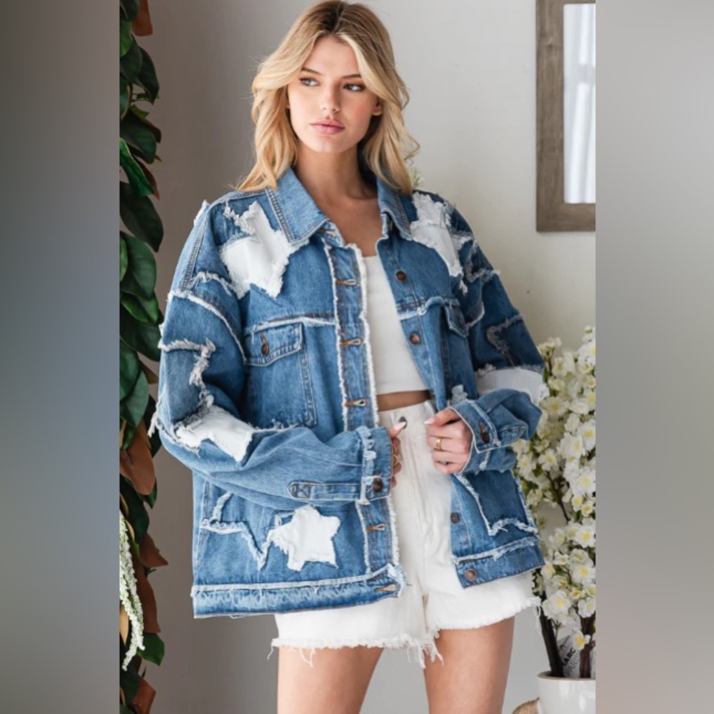 444. OLI & HALI Denim oversized WASHED STAR PATCHWORK DENIM JACKET - Picture 3 of 7